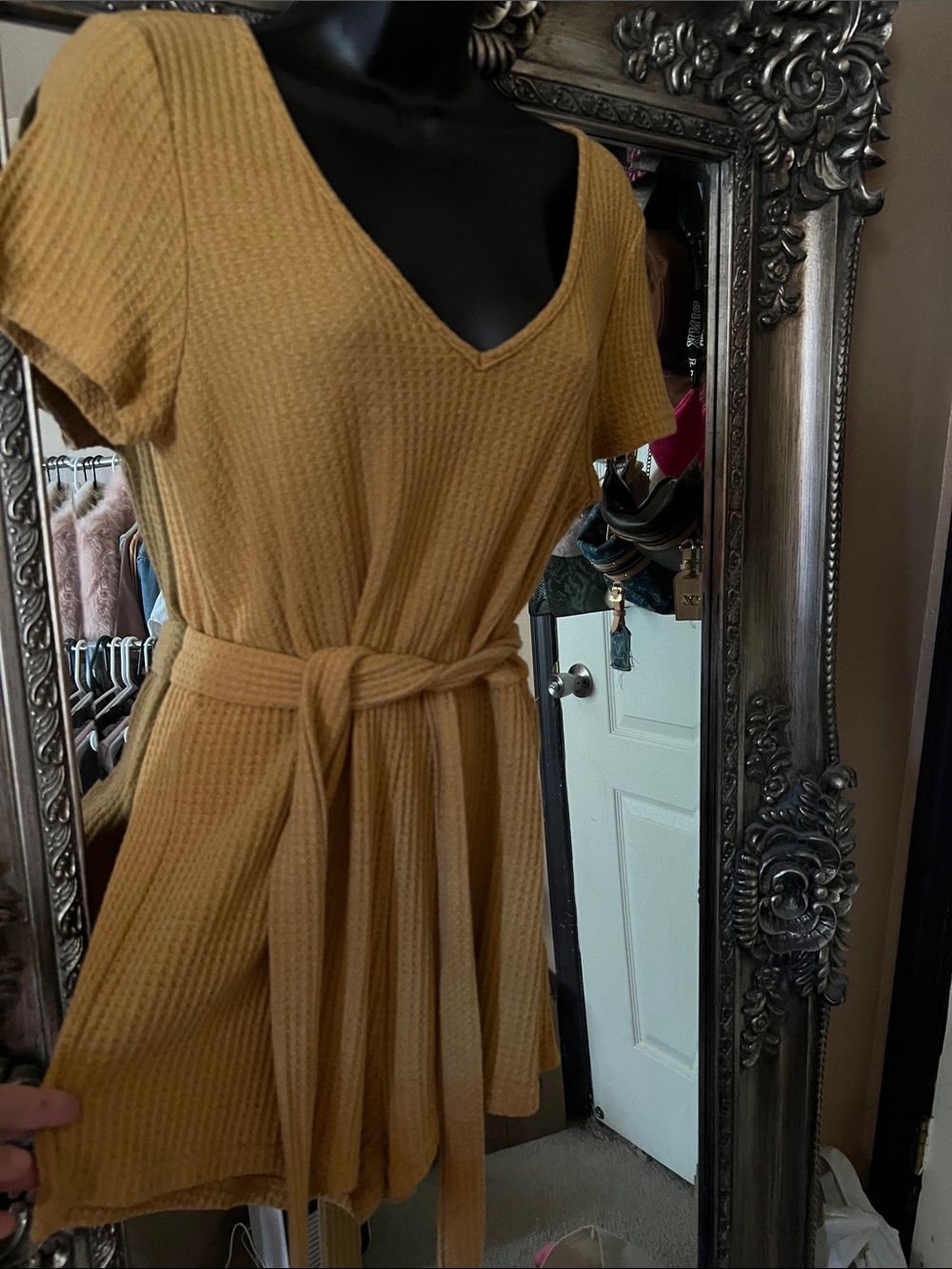 SHEIN Mustard Waffle-Knit Tie-Waist Mini Shorts Romper